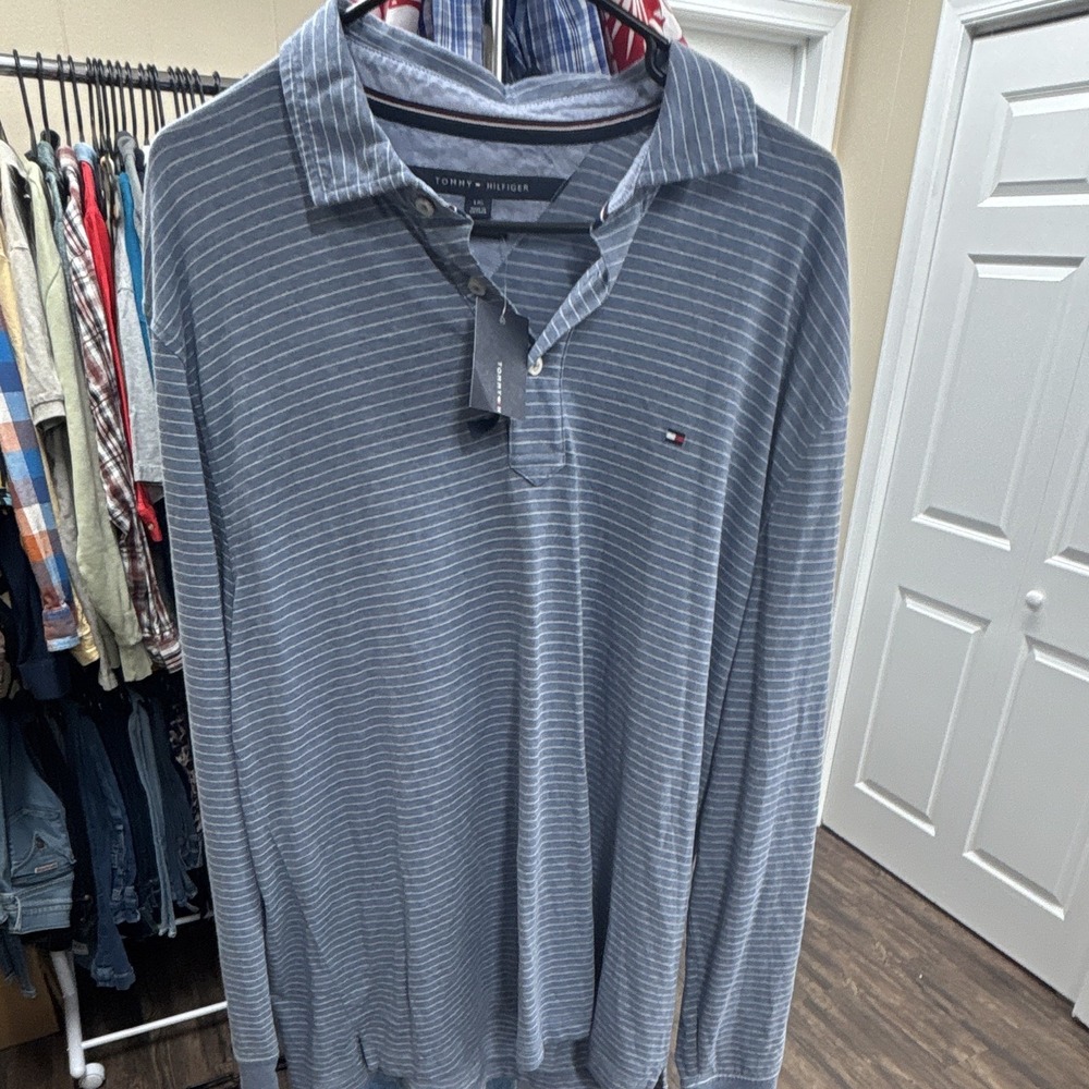 Tommy Hilfiger Men's Blue Striped Polo Shirt L Long Sleeve Collared Button Logo